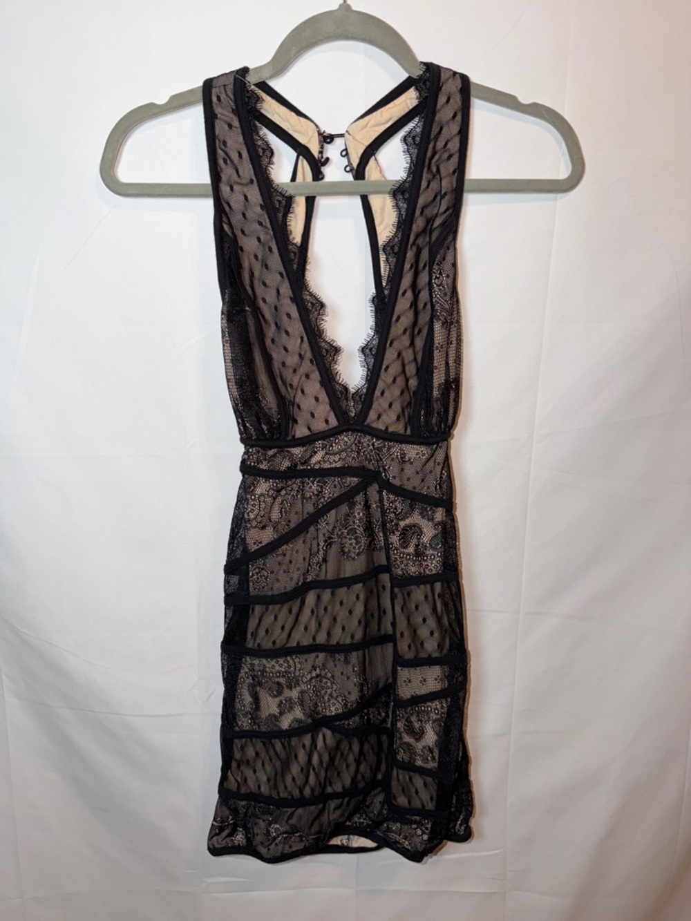 Bebe Black Sheer Lace Plunge Dress